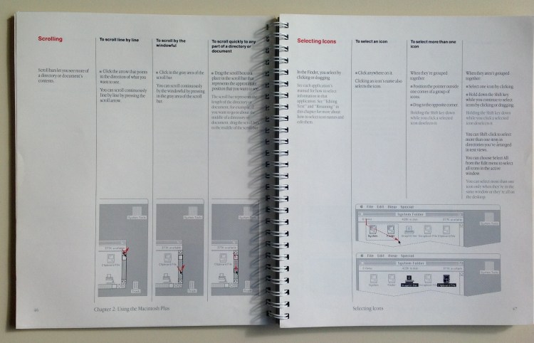 Photo of pages 46 and 47 of Macintosh Plus user's guide, showing tasks and subtasks with integrated illustrations